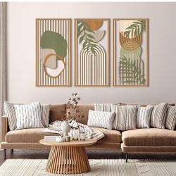 IARTTOP Large Boho Wood Wall Art Framed Mid-century Modern Wooden Wall Decor Set of 3 Green Bohemian Abstract Wall Art Decor For Bedroom Living Room O