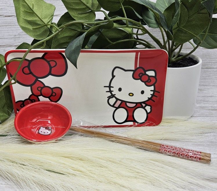 Hello Kitty red and white Ceramic Sushi Plate Set nib. approximately sushi dish 8.7" x 4.8 in, sauce dish round 2.95" safe for microwave and dishwashe
