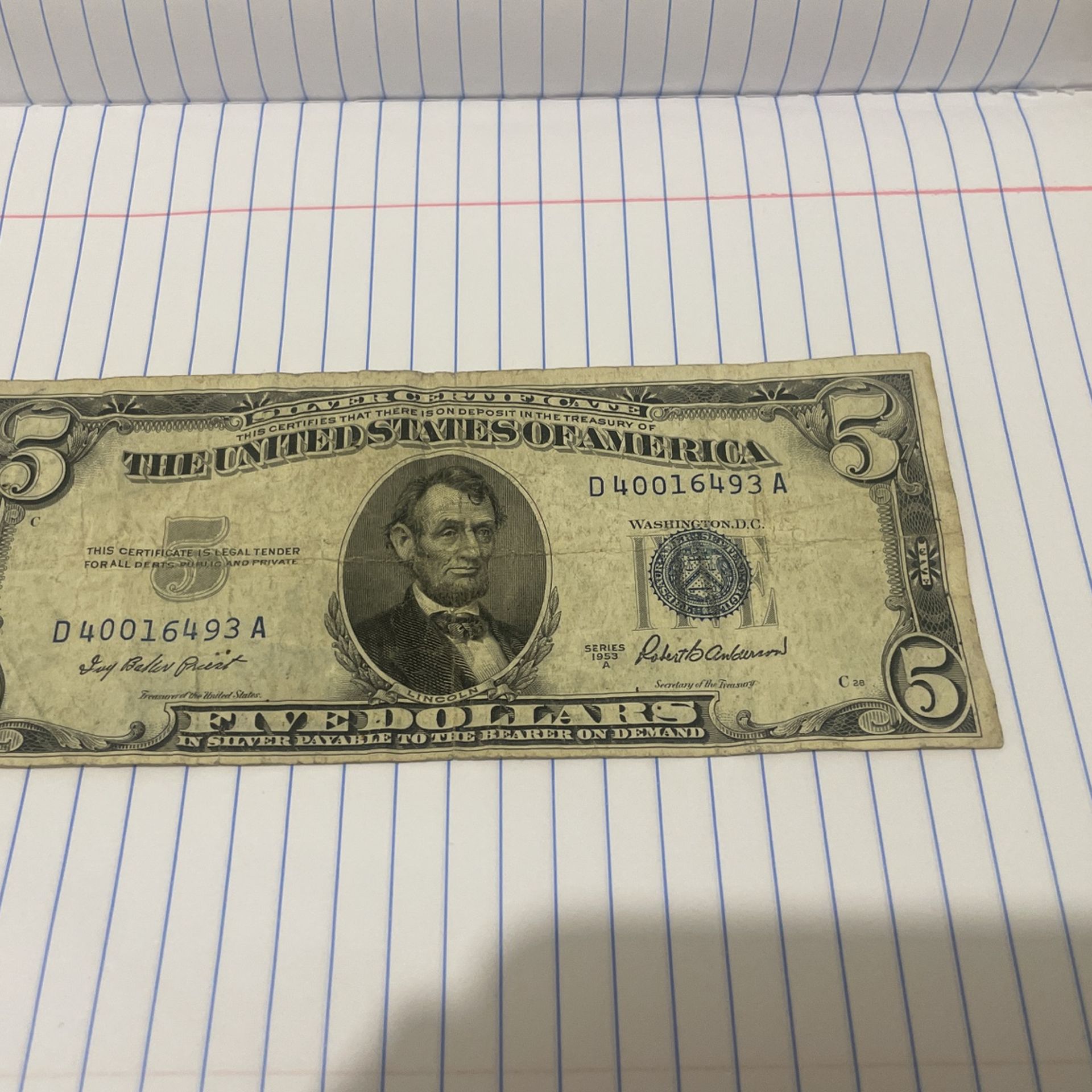 1953 Series A $5 Silver Certificate BLUE SEAL*! 