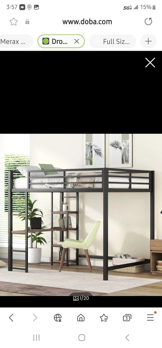 Full Size Loft Bed With Desk For Kids,Heavy Duty Metal Loft Bed With Storage Shelves,Metal Frame Loft Bed Full For Teens Adults,Space-Saving,Black