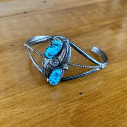 Vintage Squash Blossom Sterling Silver Turquoise Cuff size 6 1/4”