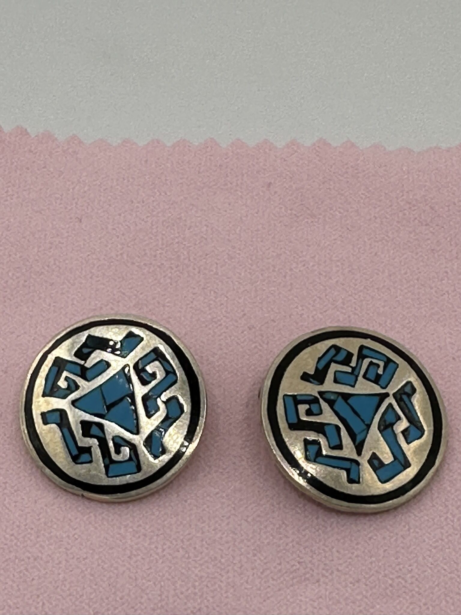 Vintage Sterling Silver Turquoise Inlay Clip On Mexico Weighs14.61 Grams Good Condition
