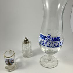 Vintage Barware Bundle – Rare Uncle Sam’s Firecracker Glass + Paris Shot + Crystal Sugar Shaker – $30
