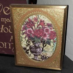 VINTAGE ORNATE GOLD FRAMED MID CENTURY FLORAL FLOWER ROSE BOUQUET PICTURE ACCENT TABLE DECOR DISPLAY