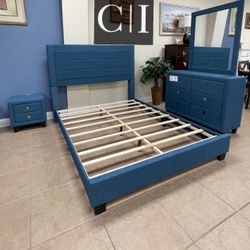 New Blue Queen Bedroom Set New Queen Bedroom Set ( Queen Bed, Dresser, Mirror And 1 Nightstand ) Mattress Sold Separately 