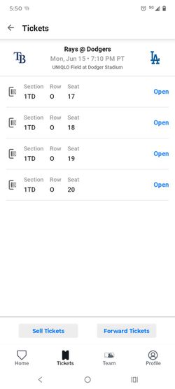 Dodgers tickets, 4 seats Monday 6/15/2026 game