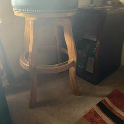 2 High Leather, Wood & Gold Plated Bar Stools 