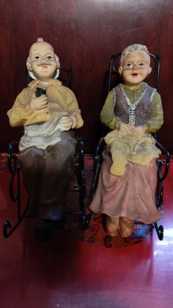 Grandma and Grandpa Sitting Metal Rockers Figurines Metal Folk Art Figures