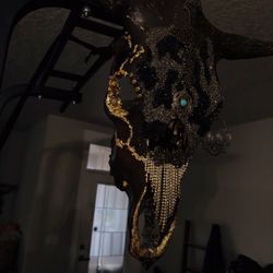 Decorated Cow Skull - Handcrafted Black & Gold Art Piece