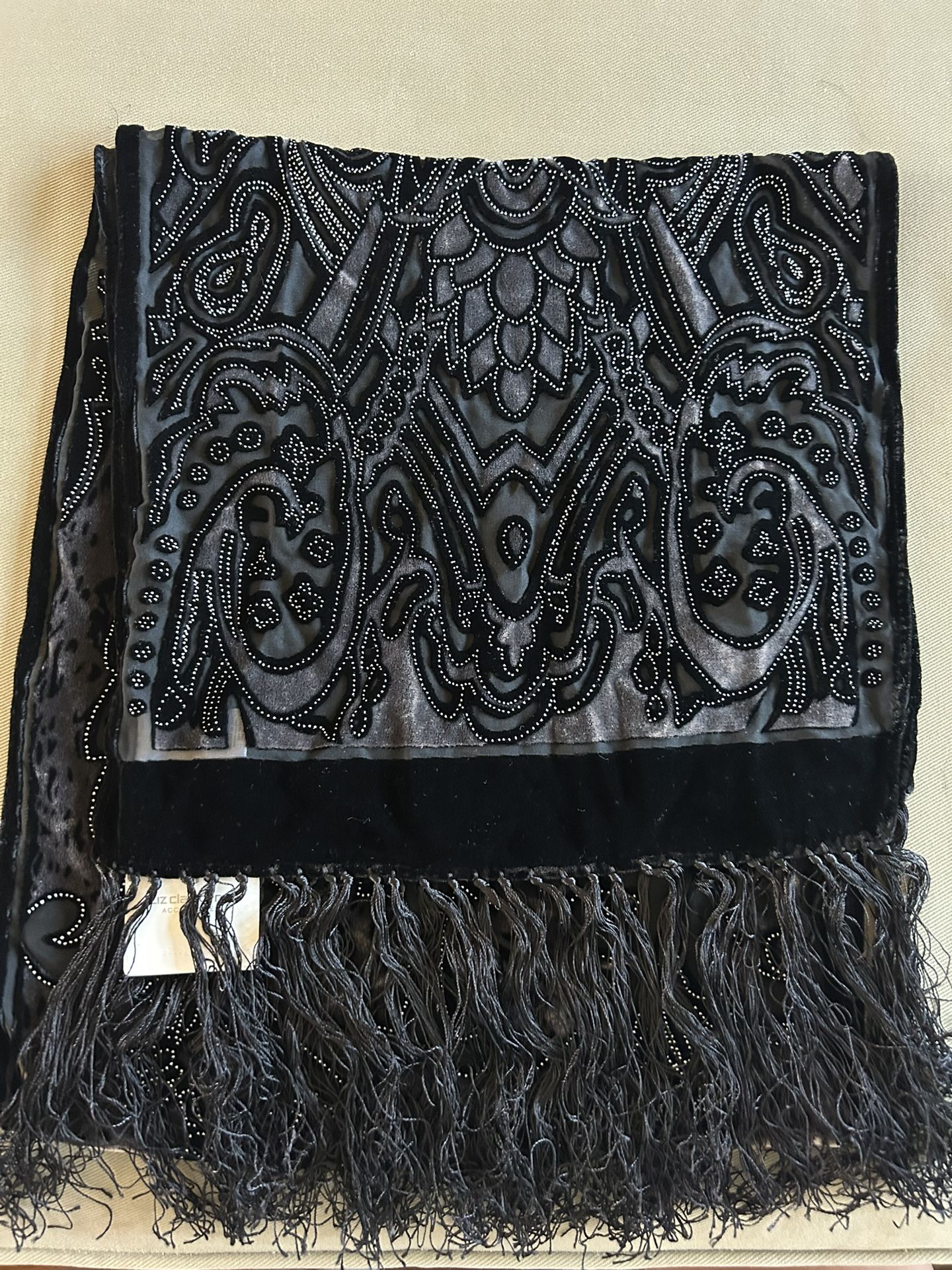 Liz Claiborne NWT black velvet burnout scarf  With fringe and beading   New with tags. Makes a great gift if not for yourself.  Measures 13 inches wid
