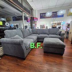 🔔 Sectional Sofa with Ottoman, Gray Color, Corduroy Fabric, New in the Box.