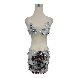 Lucy in the Sky 2 Piece Silver Sequin Top & Mini Skirt Set Size Medium
