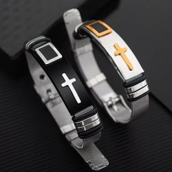 2-Pcs Creative Design 2-Tone Titanium Cross ✝️ Pattern Adjustable Unisex Bracelet