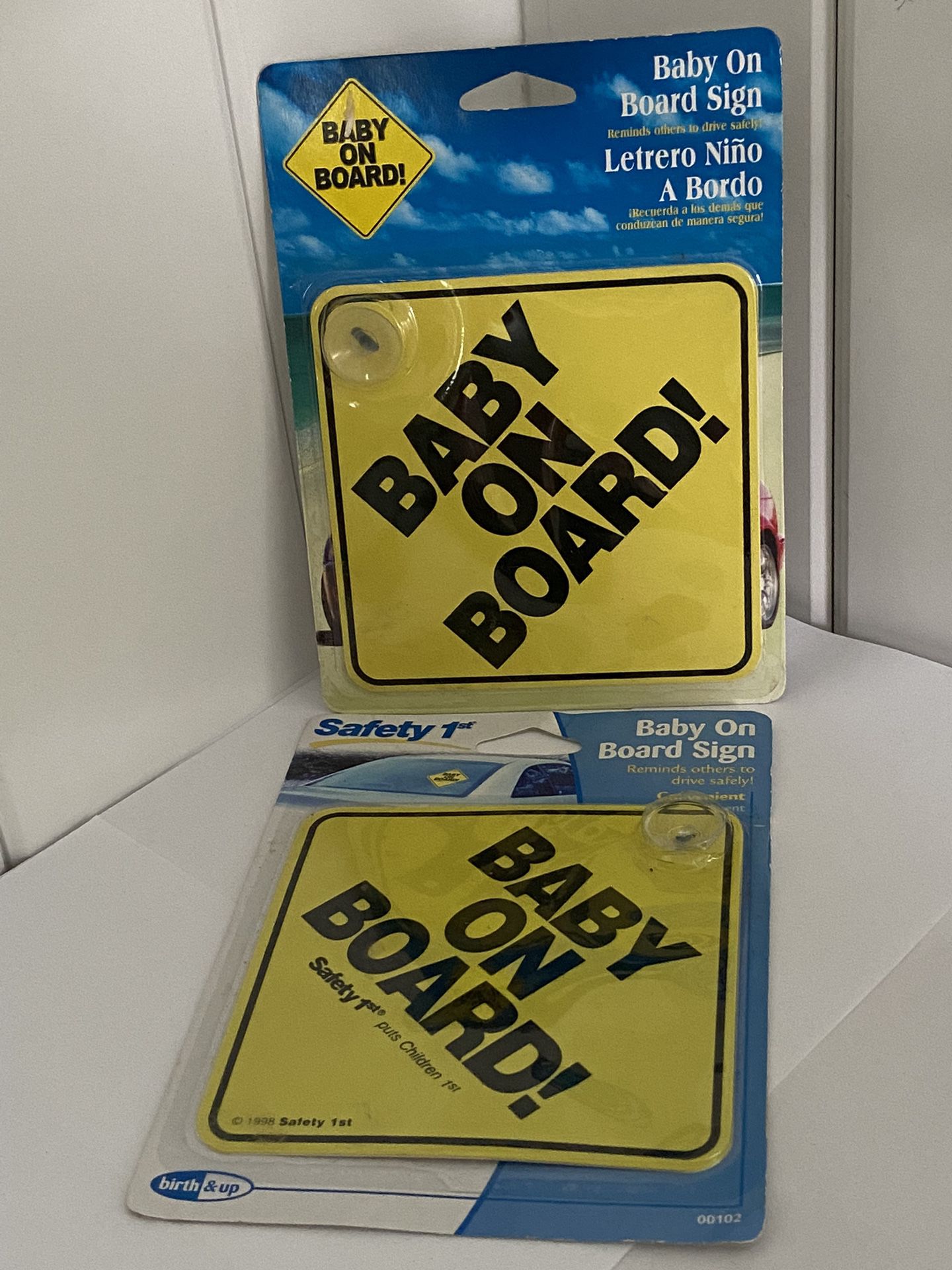BABY ON BOARD new vintage Car Window Sign hanging 2 yellow caution 90s 2001 LOT