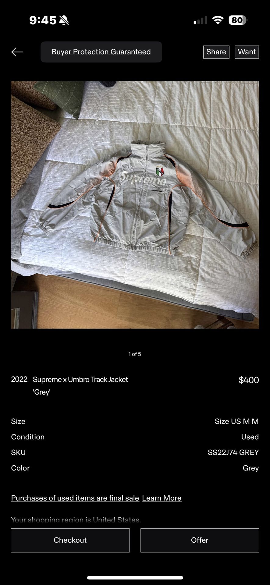 Supreme x Umbro Track Jacket sz M