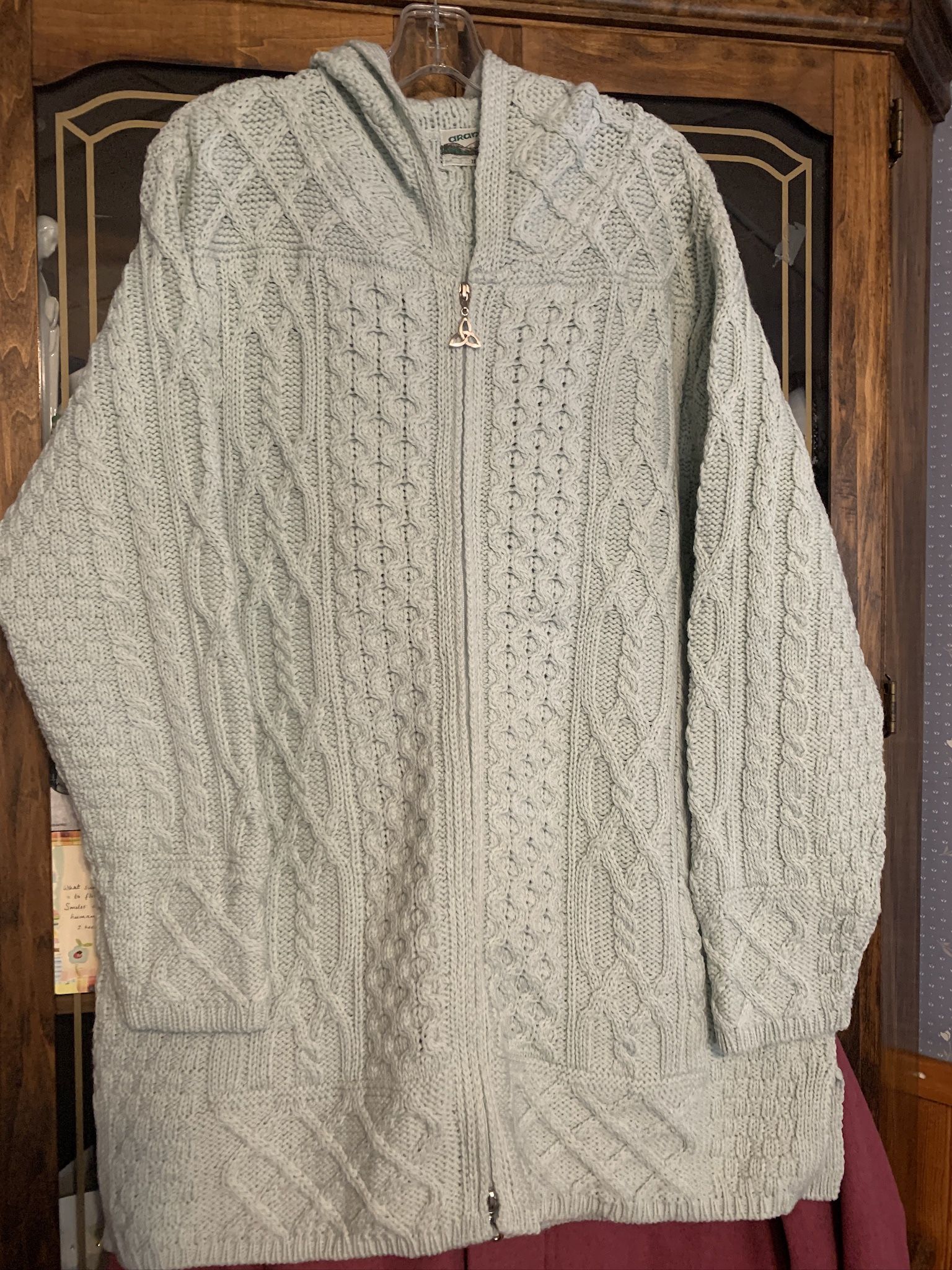 Sage green Merino Wool Irish Knit Hooded Sweater