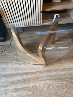 Round Glass Coffee Table with Wood Base