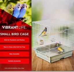 Vibrant Life Small Bird Cage with Perch, Plastic Hooded Cup & Tray for Parakeets & Finches, White