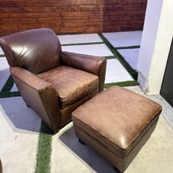 Pottery Barn Leather Armchair Plus Matching Ottoman 