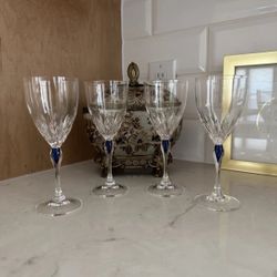 Cristal D'Arques SAPHIR TAILLE LANCE 7” H Water/Wine Glasses Blue Drop Set of 4