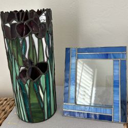 Vintage Stained Glass Pillar Candle Holder Leaded Glass Iris Candlestick Cover Framed Tiffany Style Picture Frame Collectibles 