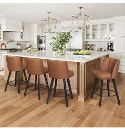 LUE BONA Set of 4 -360-degree swivel bar stools, 26-inch counter-height bar stools with high backs and wooden legs, faux leather upholstered bar stool
