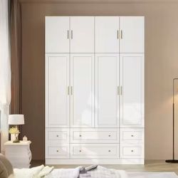 White Wood 63 in. W 8-Door Large Wardrobe Armoires with Hanging Rod, Storage Shelves 94.5 in. H x 19.7 in. D(KF330123US+330124A+B)