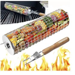 Rolling Grilling Baskets for Outdo... EASY & EVEN GRILLING - This stainless steel grill basket with an innovative cylindrical design rotates...