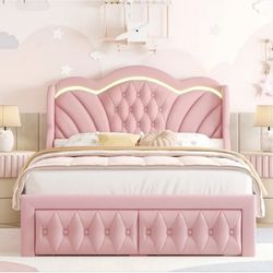 Pink Velvet Queen Size Bed Frame With 2 Storage Drawers