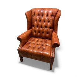 Vintage Chesterfield Style Tufted Tan Faux Leather Wingback Chair