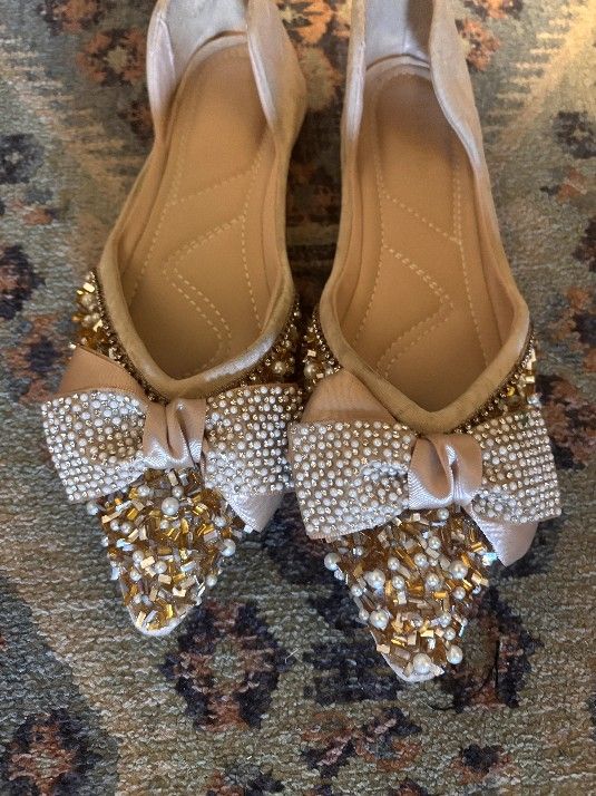 Woman’s Size 8 Rhinestone Sequin Wedding Flats with Bow, Comfortable Ballet Floor Flats