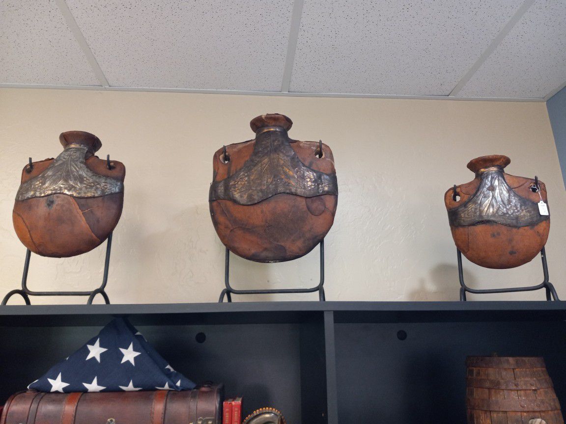 RARE Vintage Set Of 3 Leather Wrapped Clay Flasks