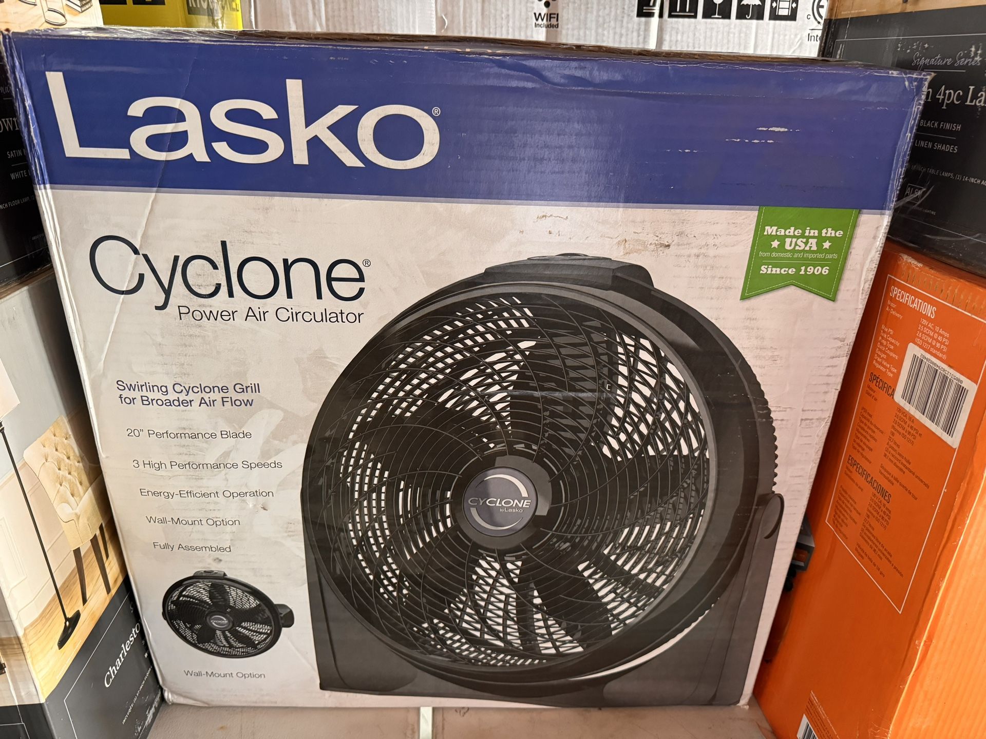 Lasko Power Air Circulator Floor Fan Cyclone 20 in 3-Speed Standalone Wall Mount