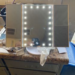 WEILY Lighted Makeup Mirror with 21 LED Lights, Trifold Vanity Mirror with 3X/2X/1X Magnification, Touch Screen, Dual Power Supply, 180 Degree Rotatio
