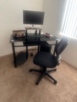 Black Glass Corner Desk with Office Chair