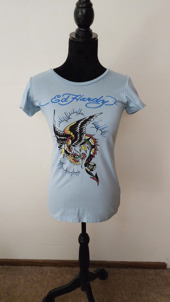 Ed Hardy Y2K Dragon Art Tattoo Light Blue Crew Neck T-shirt Women's Size XS
