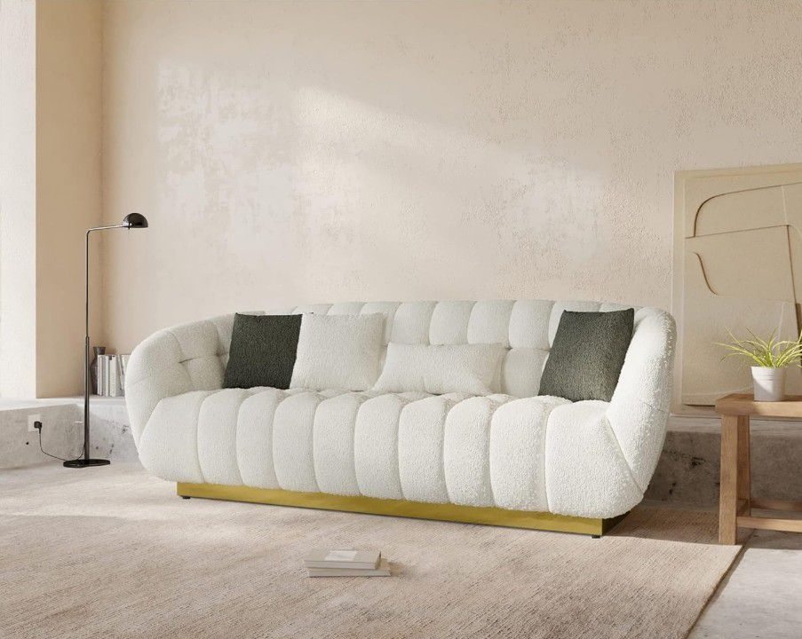 Ivory Wool-Like Living Room Sofa, Modern Mid-Century Style & Chrome Gold Metal Base + 4 Pillows