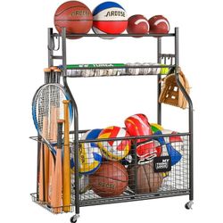  Garage Sports Equipment Organizer, Baseball Storage Large Capacity, Sports Organizer for Garage with Hooks and Baskets, Ball Storage Rack for Footbal