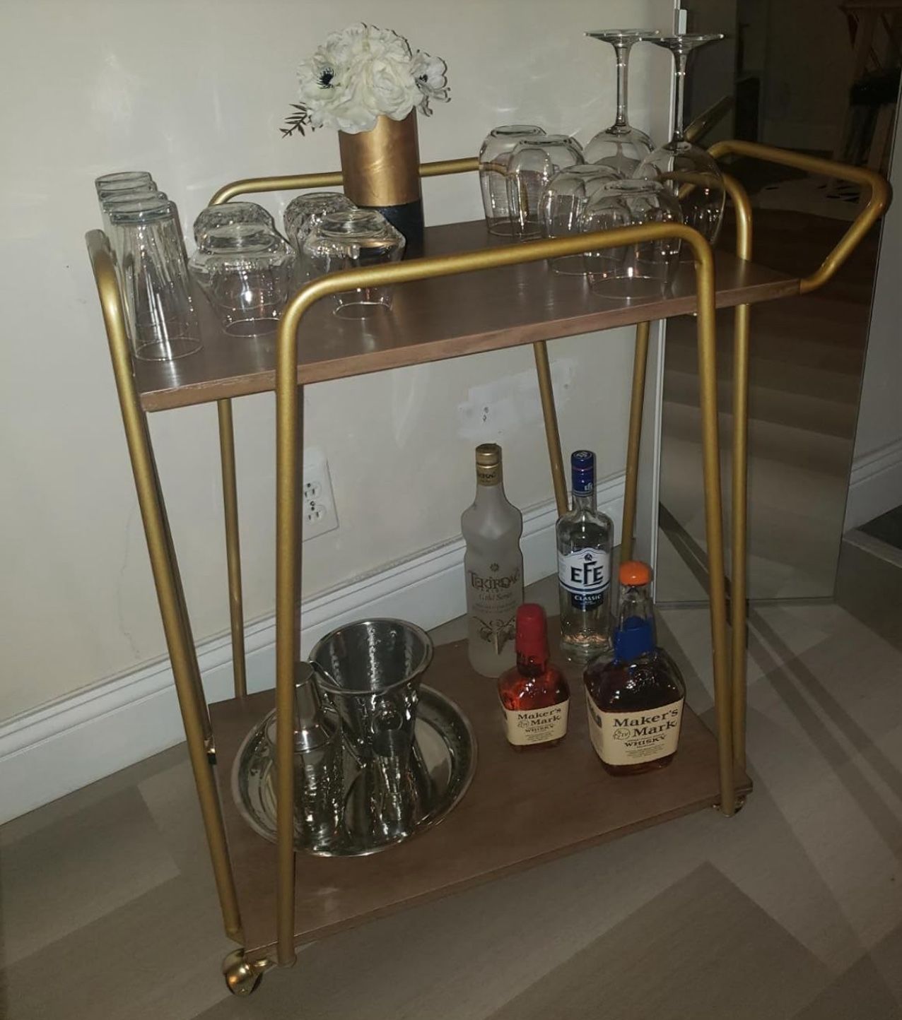 Gold and wood rolling Bar cart