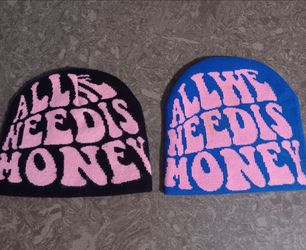 2 unisex "All we need is Money" streetwear knit beanies 1 size fits all