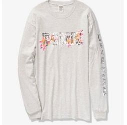 Victoria's Secret PINK Bling Floral Long Sleeve Gray T-Shirt Women Size Small