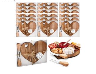 Patelai Bridal Baby Shower Favor Heart Cheese Board, Acacia Color, 36 Set Wood Mini Charcuterie Board, with Knife, Thank You Gift Box for Guest, Brida