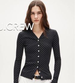 🌞(NEW) (1 AVAILABLE) WOMEN’S J.CREW BLACK / IVORY LIGHTWEIGHT RIB HIGH V-NECK CARDIGAN TOP IN DOT PRINT - SIZE: MEDIUM🌞