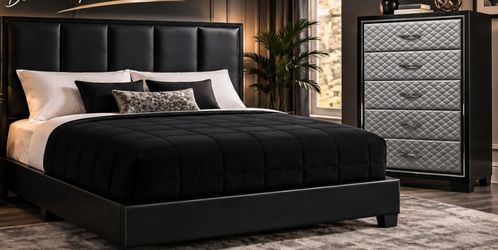 🌟Free delivery! Brand new king size black bedframe-mattress set + chest