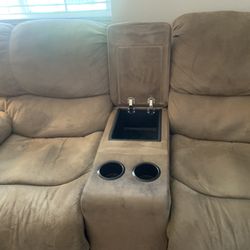 Tan Reclining Sofa and Matching reclining love Seat