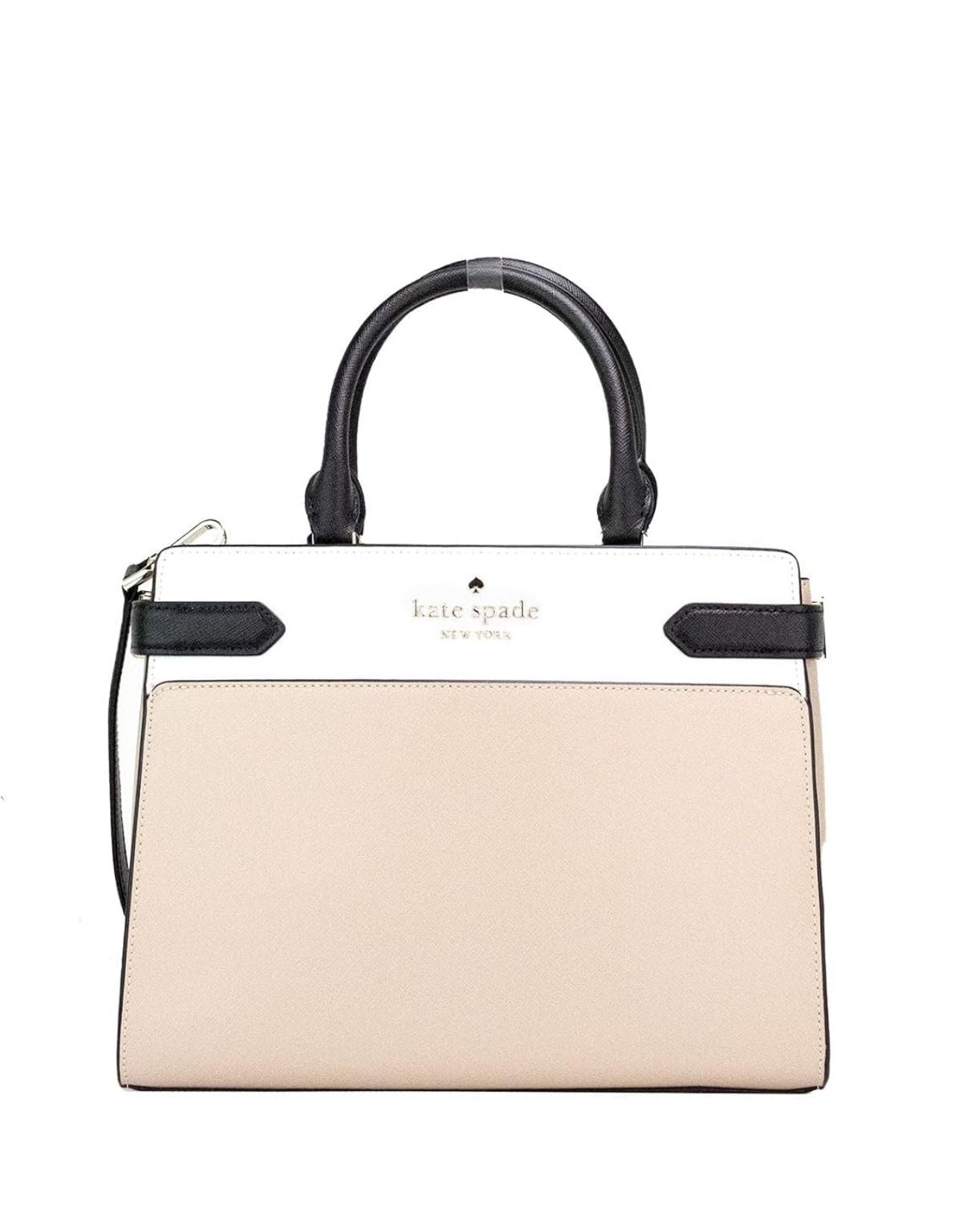 Kate Spade New York Staci Medium Saffiano Leather Satchel Purse in Warm Beige/Black, Like New!