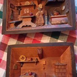 Antique Primitive Wood Carved Pictures 3-D