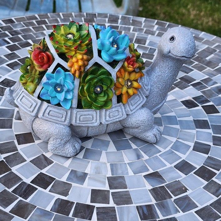 Solar Turtle Statue with Succulent and LED Lights - Lawn and Yard Decor