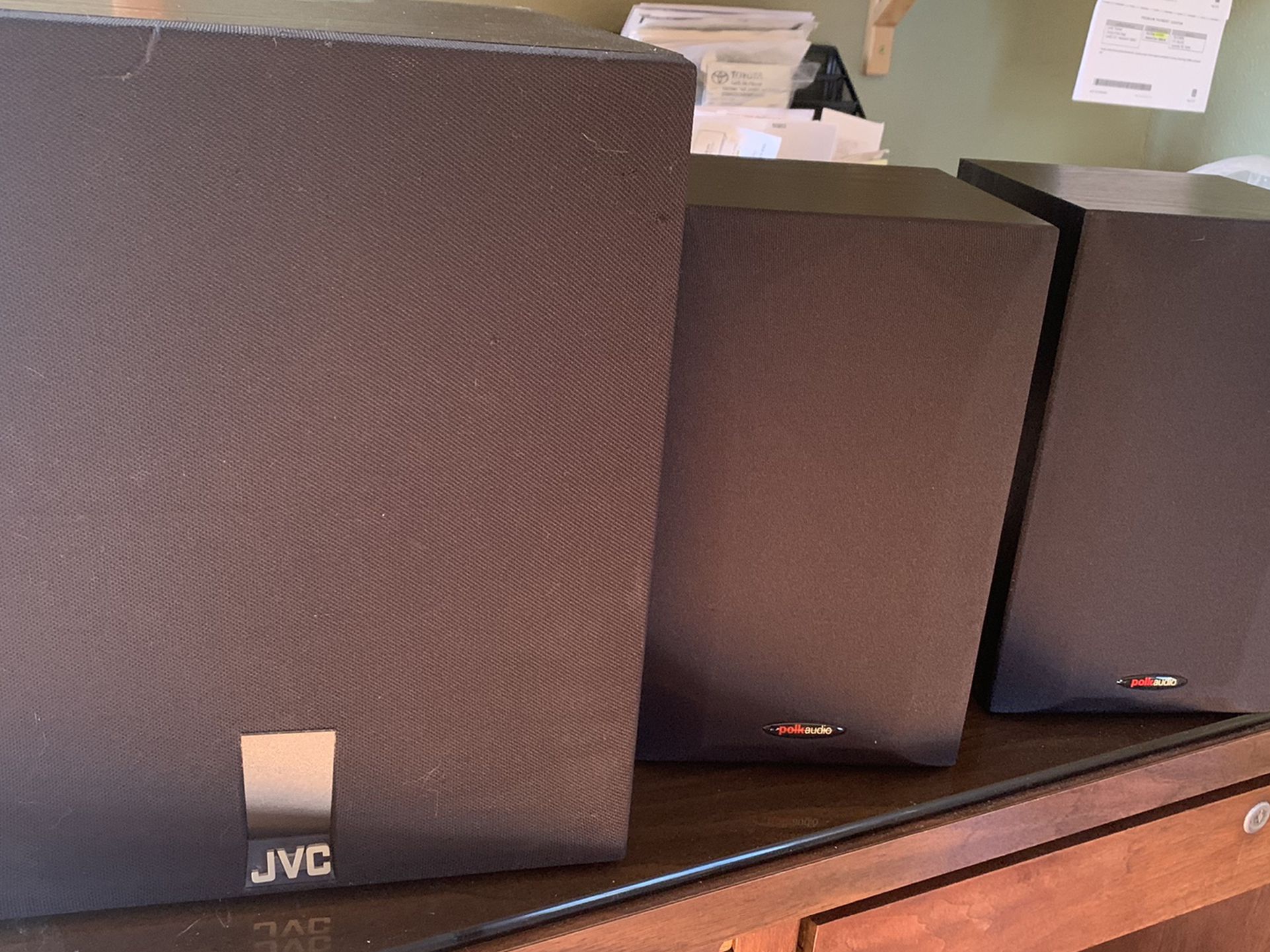 JVC Subwoofer And Polk audio Shelf Speakers