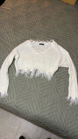 SHEIN White Distressed Crop Knit Sweater